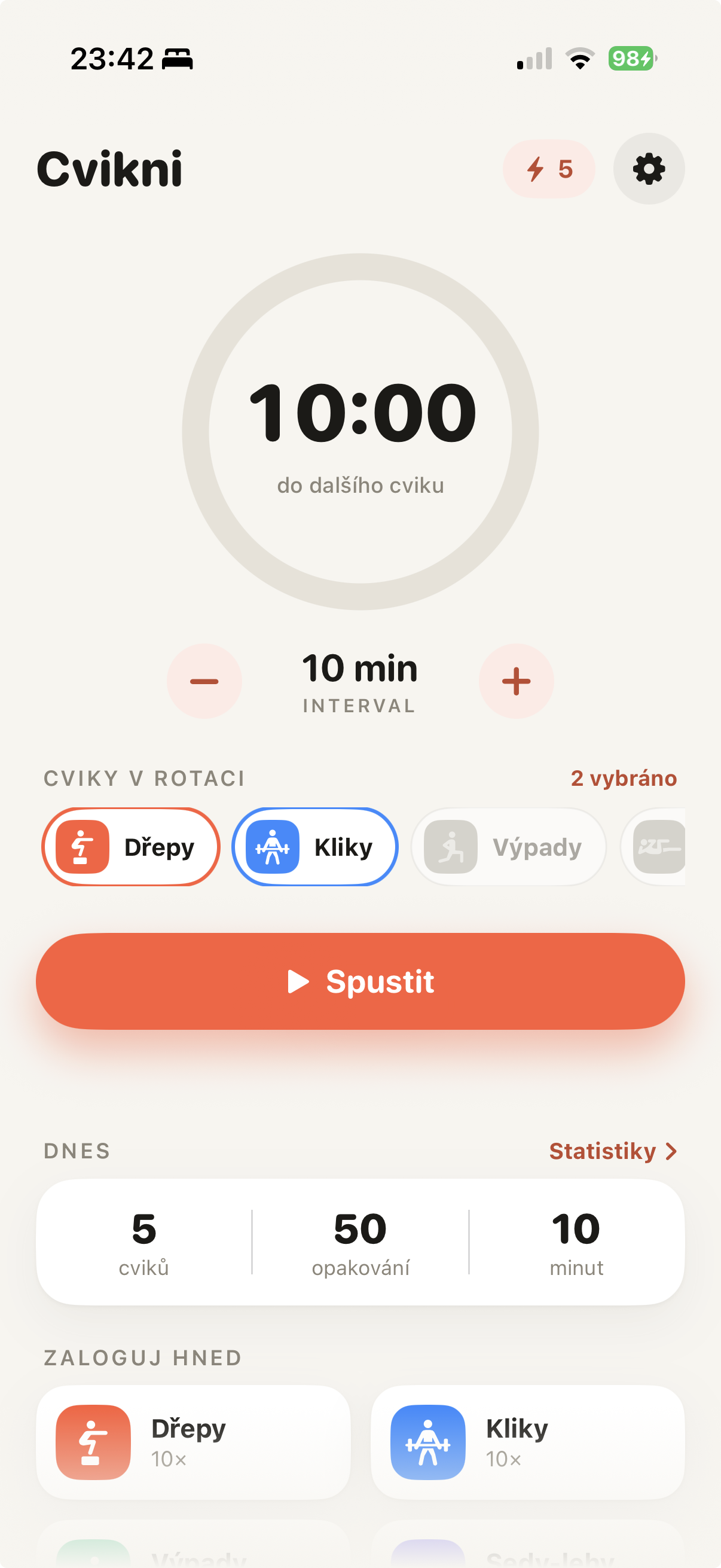 Hlavní obrazovka s odpočtem
